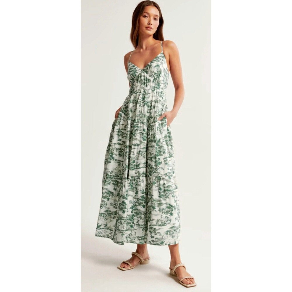 Abercrombie & Fitch Toile Tropical Beach Scene Maxi Dress M Tall Halter Tiered - Picture 1 of 8